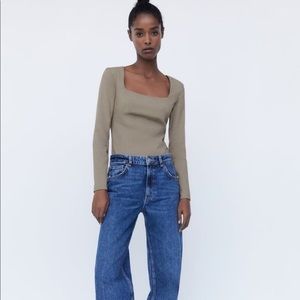 Zara Khaki Green Square Neck Long Sleeve Bodysuit Size X-Small